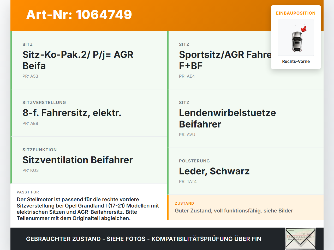 Opel Grandland I 17-21 Stellmotor Antrieb für Sitz Verstellung Rechts Vorne Opel Grandland I 17-21 29.03.2018... Vorschau 3