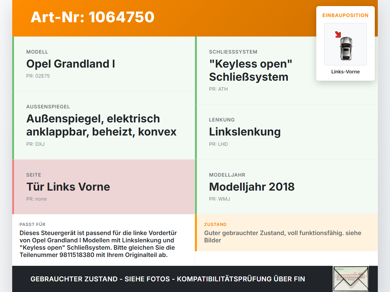 Opel Grandland I 17-21 SG Steuergerät für Tür Airbag Links Vorne Opel Grandland I 17-21 29.03.2018 9811518380 gebraucht Vorschau 3