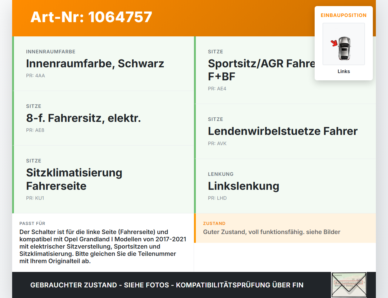 Opel Grandland I 17-21 Schalter Links für Sitzverstellung Opel Grandland I 17-21 29.03.2018 9812527577 1849311X... Vorschau 3