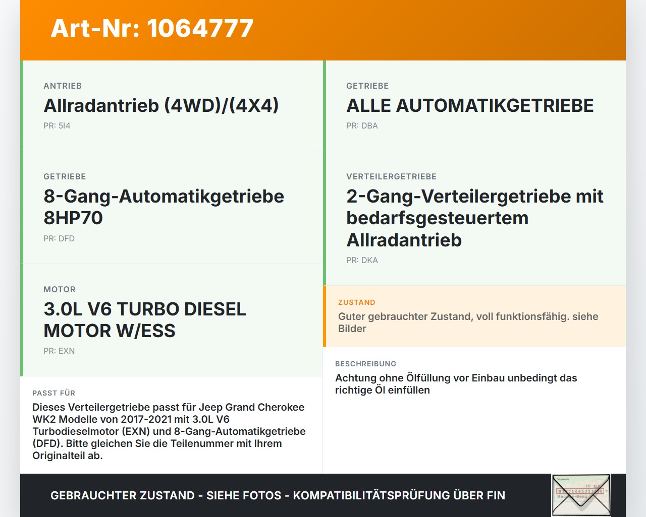 Jeep Grand Cherokee WK2 17-21 3,0d 184KW 4WD Verteilergetriebe Getriebe Jeep Grand Cherokee WK2 17-21 16.09.2016... Vorschau 3