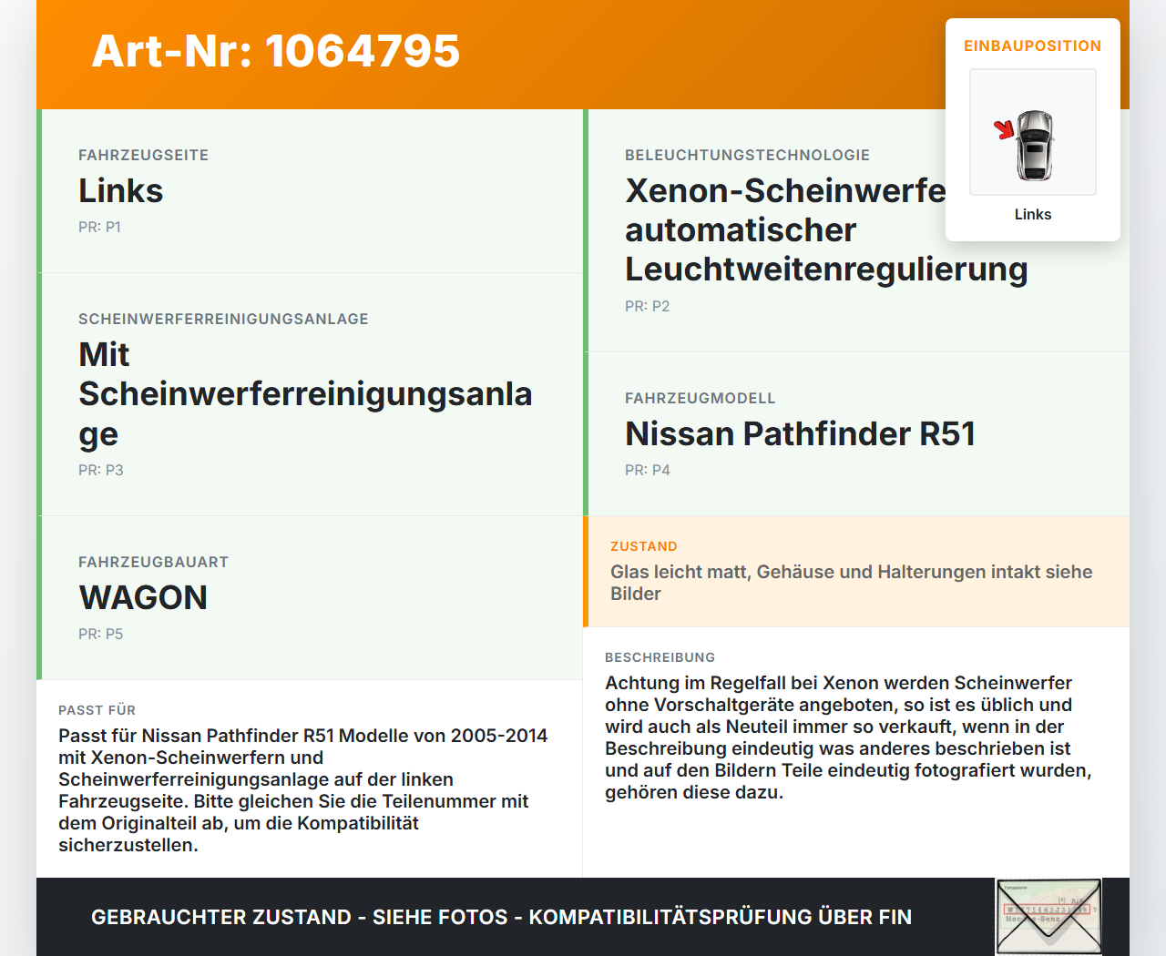 Nissan Pathfinder R51 05-14 Xenon Scheinwerfer Frontscheinwerfer Links Nissan Pathfinder R51 05-14 12.08.2005 gebraucht Vorschau 3