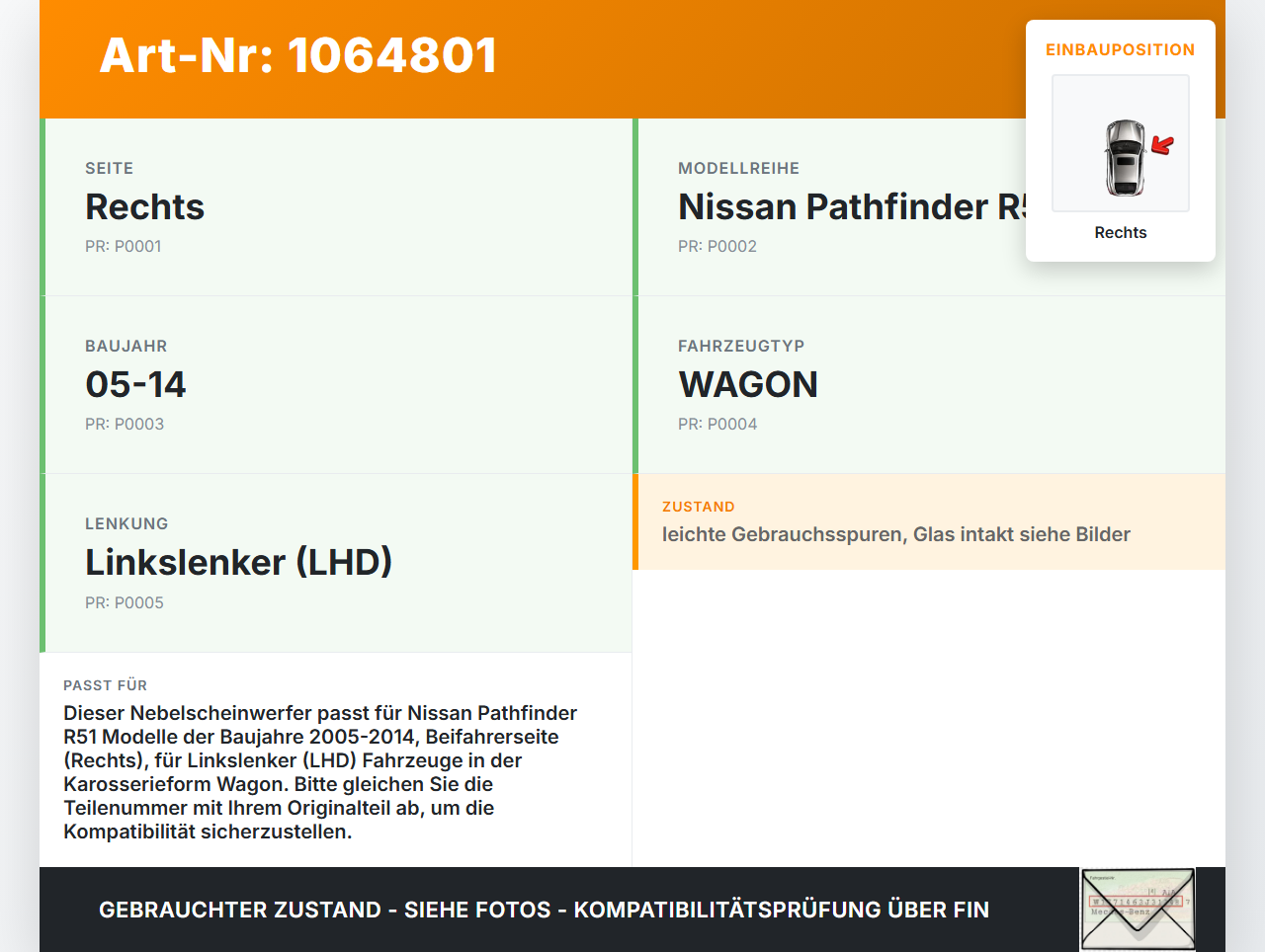 Nissan Pathfinder R51 05-14 Nebelscheinwerfer Rechts orig. Nissan Pathfinder R51 05-14 12.08.2005 26154-EA500... Vorschau 3