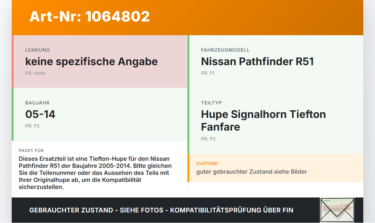 Nissan Pathfinder R51 05-14 Hupe Signalhorn Tiefton Fanfare Nissan Pathfinder R51 05-14 12.08.2005 CH2143 gebraucht Vorschau 3