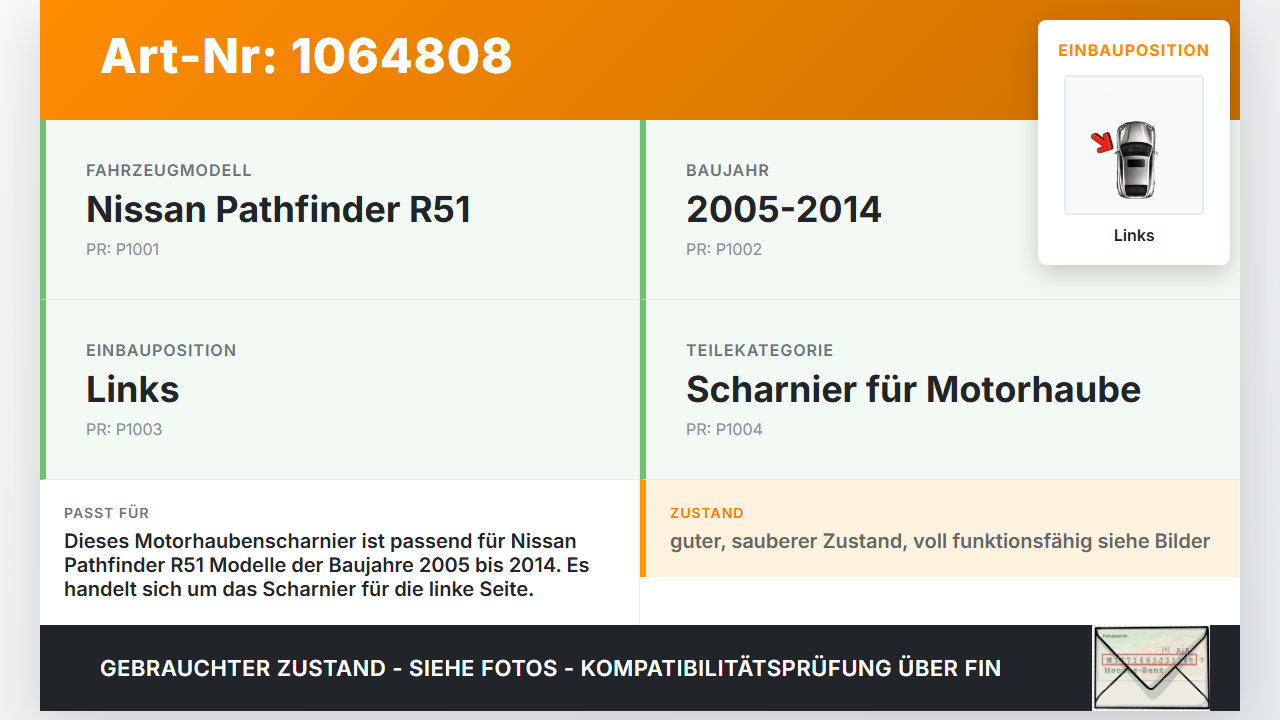 Nissan Pathfinder R51 05-14 Kombi Scharnier für Motorhaube Motorhaubenscharnier Links Nissan Pathfinder R51 05-14... Vorschau 3