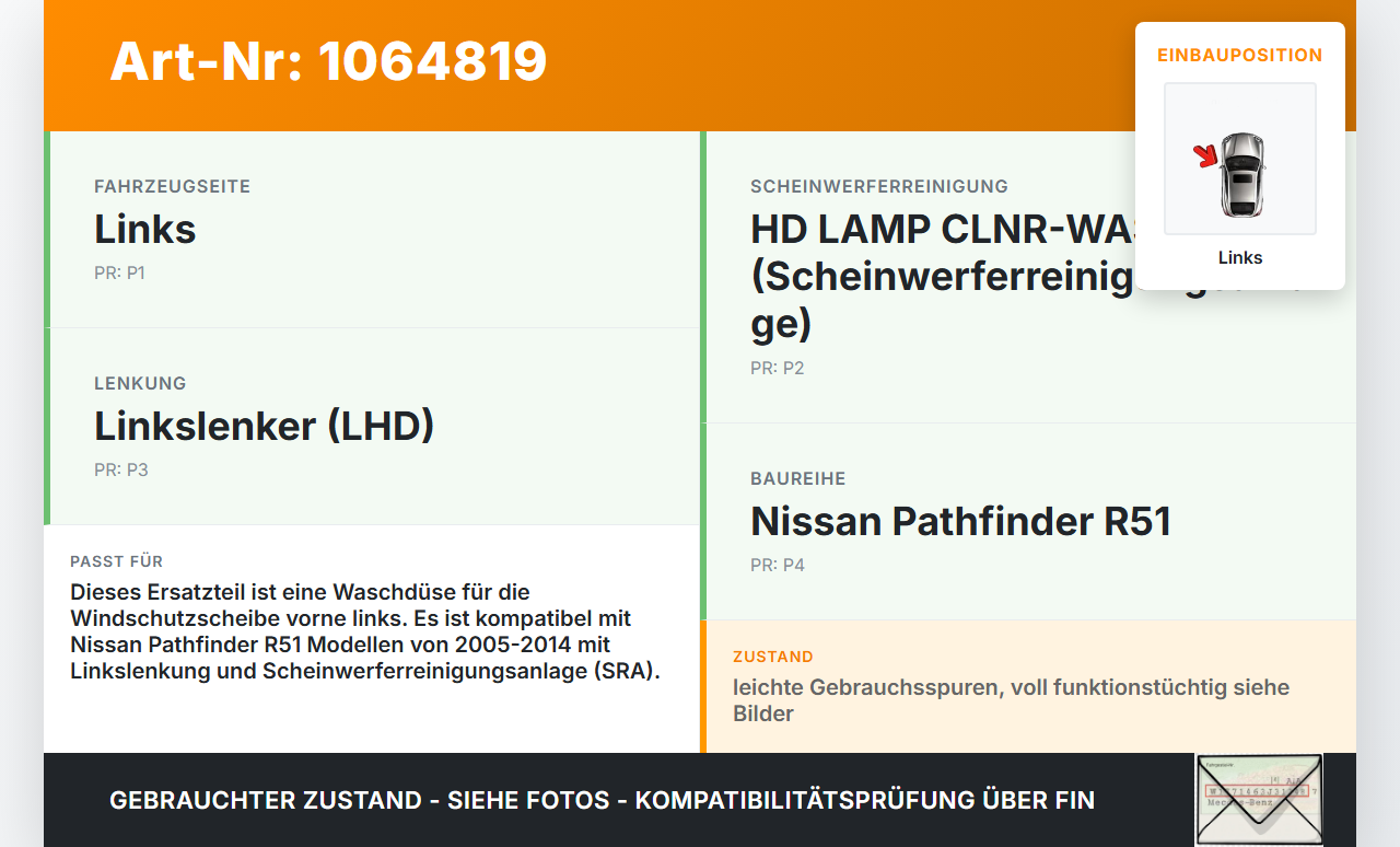 Nissan Pathfinder R51 05-14 Waschdüse für Windschutzscheibe WS Links Nissan Pathfinder R51 05-14 12.08.2005 gebraucht Vorschau 3