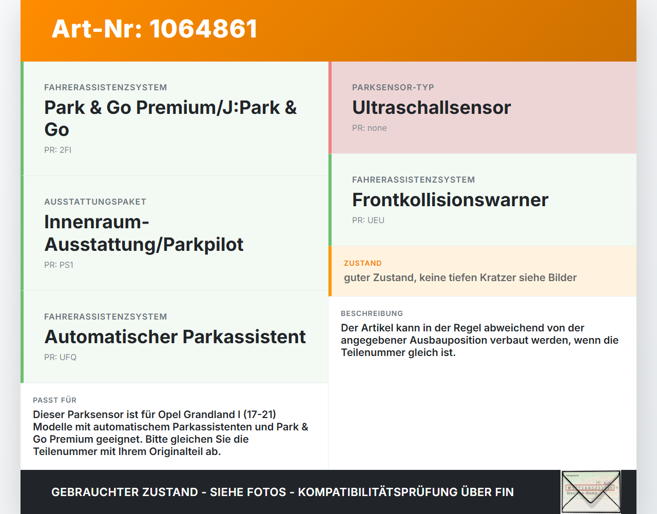 Opel Grandland I 17-21 Parksensor PDC Sensor Einparkhilfe Ultraschallsensor G1O Opel Grandland I 17-21 29.03.2018... Vorschau 3