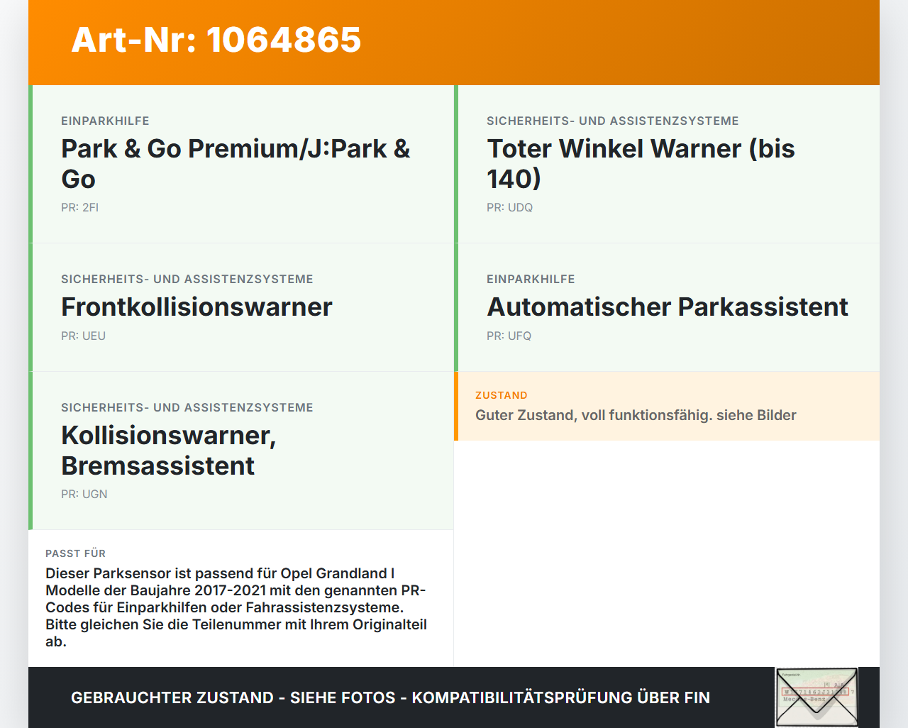 Opel Grandland I 17-21 Parksensor PDC Sensor Einparkhilfe Ultraschallsensor Opel Grandland I 17-21 29.03.2018... Vorschau 3