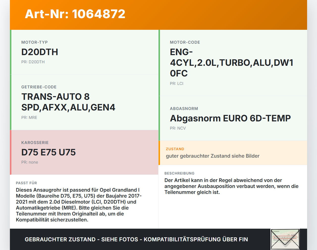 Opel Grandland I 17-21 2,0d 130KW Ansaugrohr Ladeluftschlauch Luftschlauch Pos.1 Opel Grandland I 17-21 29.03.2018... Vorschau 3