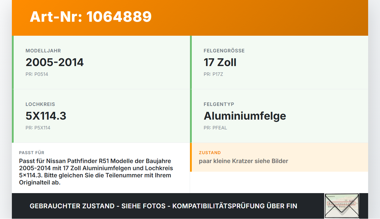Nissan Pathfinder R51 05-14 1 x Felge Aluminiumfelge 17 Zoll 5X114.3 Nissan Pathfinder R51 05-14 12.08.2005 gebraucht Vorschau 3