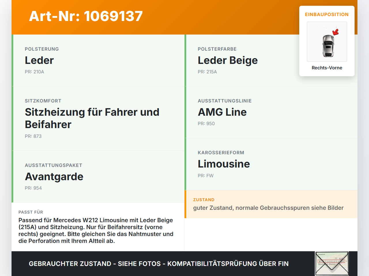 Mercedes E250 W212 13-16 Lim Leder Sitzbezug Sitzpolster für Beifahrersitz Rechts Vorne beheizt Mercedes E250 W212... Vorschau 3