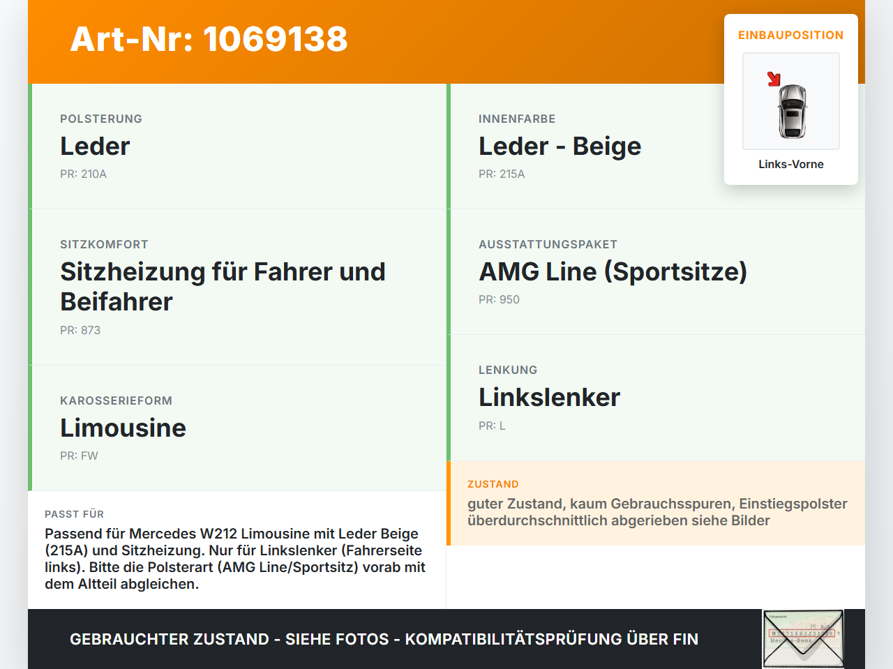 Mercedes E250 W212 13-16 Lim Leder Sitzbezug Rückenpolster Links Vorne für Fahrer Sitz beheizt Mercedes E250 W212... Vorschau 3