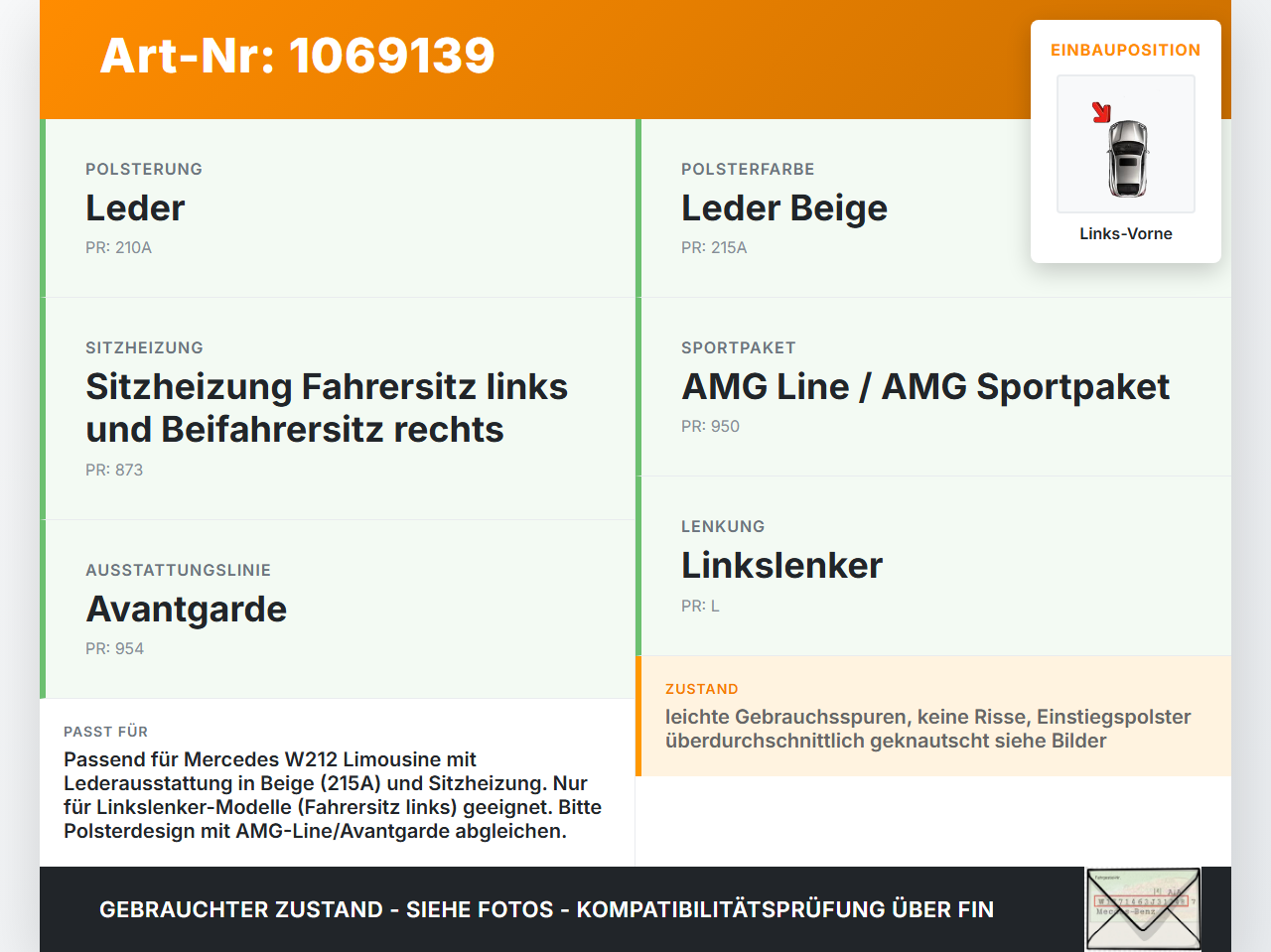 Mercedes E250 W212 13-16 Lim Leder Sitzbezug Sitzpolster für Fahrersitz Sitz Links Vorne beheizt Mercedes E250 W212... Vorschau 3