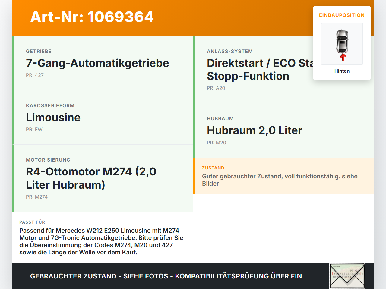 Mercedes E250 W212 13-16 2,0 155KW Kardanwelle Hinten Mercedes E250 W212 13-16 17.09.2013 A2124104816 gebraucht Vorschau 3