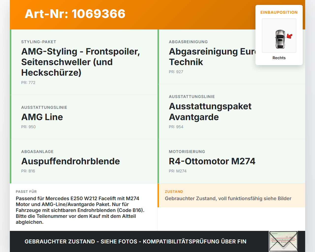 Mercedes E250 W212 13-16 2,0 155KW Endschalldämpfer Endtopf Auspuff Rechts Mercedes E250 W212 13-16 17.09.2013... Vorschau 3