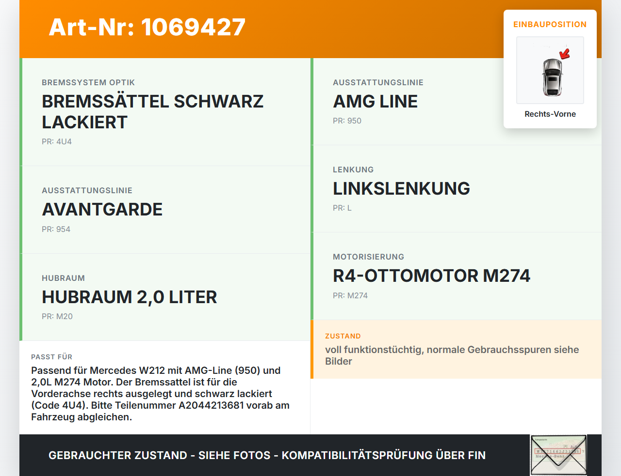 Mercedes E250 W212 13-16 2,0 155KW Bremssattel Bremszange Vorne Rechts Mercedes E250 W212 13-16 17.09.2013... Vorschau 3
