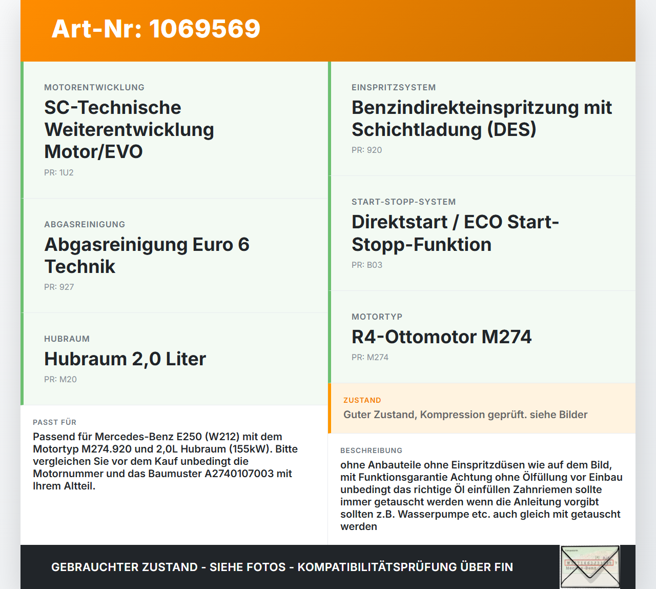 Mercedes E250 W212 13-16 2,0 155KW 274920 Motor Triebwerk Mercedes E250 W212 13-16 17.09.2013 A2740107003 gebraucht Vorschau 3