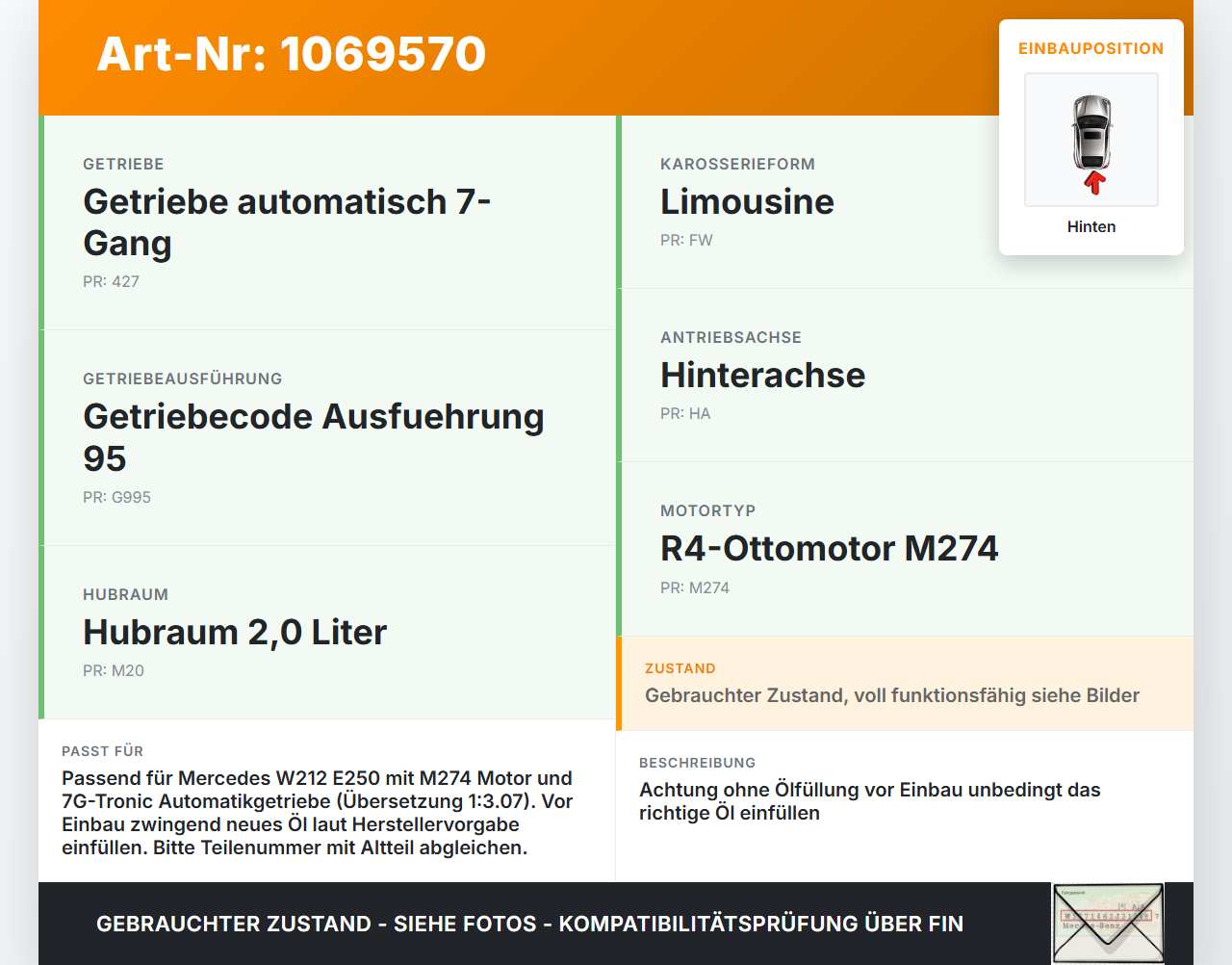 Mercedes E250 W212 13-16 2,0 155KW Differential Hinterachsgetriebe Hinten Mercedes E250 W212 13-16 17.09.2013... Vorschau 3