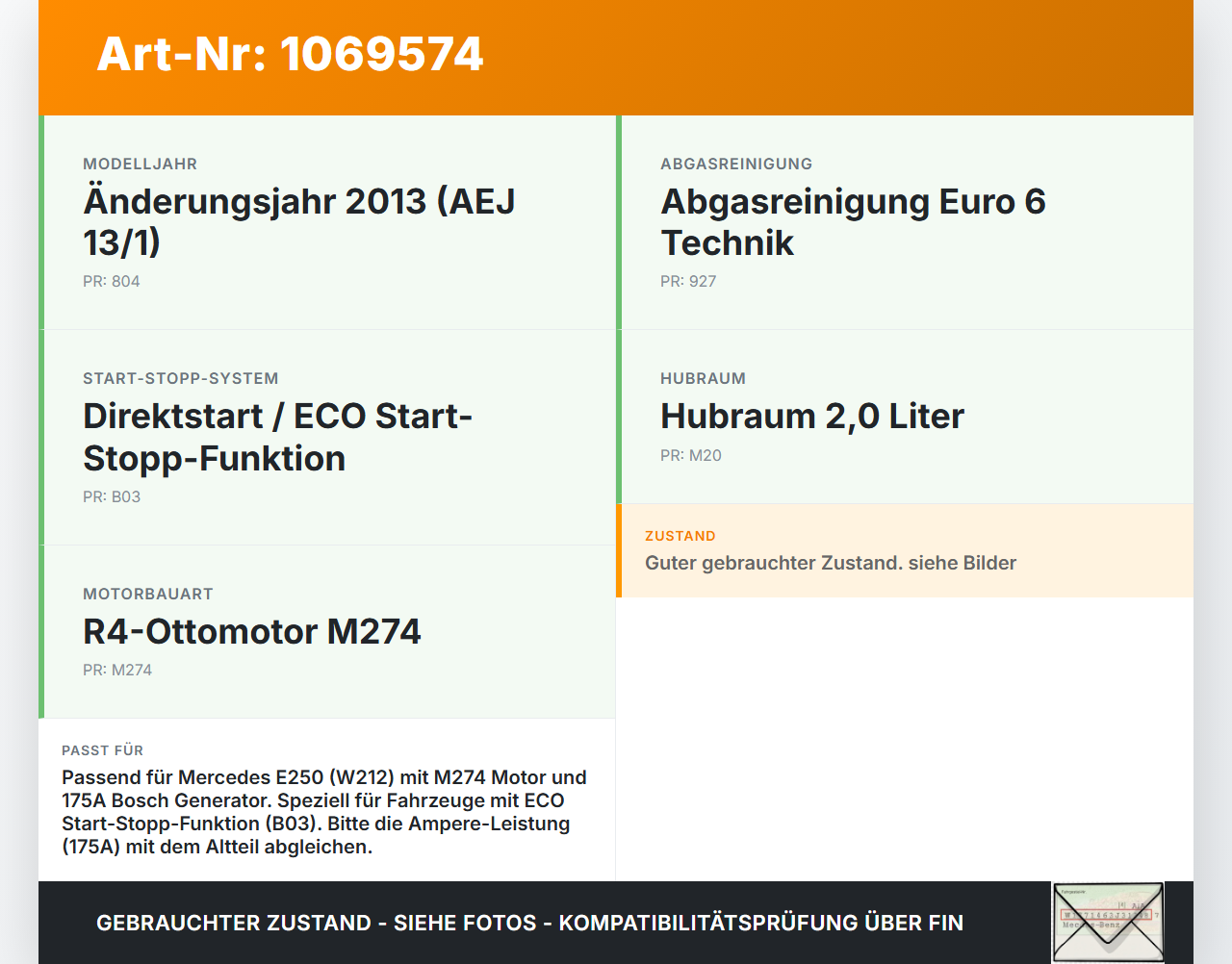 Mercedes E250 W212 13-16 2,0 155KW Lichtmaschine Generator Mercedes E250 W212 13-16 17.09.2013 A0009060922... Vorschau 3