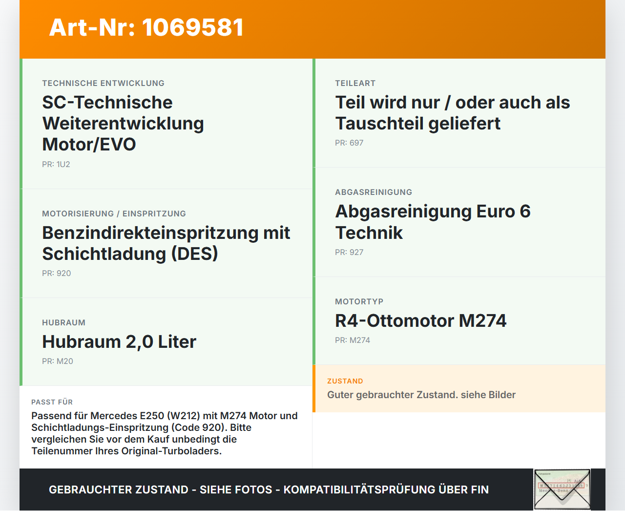 Mercedes E250 W212 13-16 2,0 155KW 274920 Turbolader Turbo Abgasturbolader Mercedes E250 W212 13-16 17.09.2013... Vorschau 3