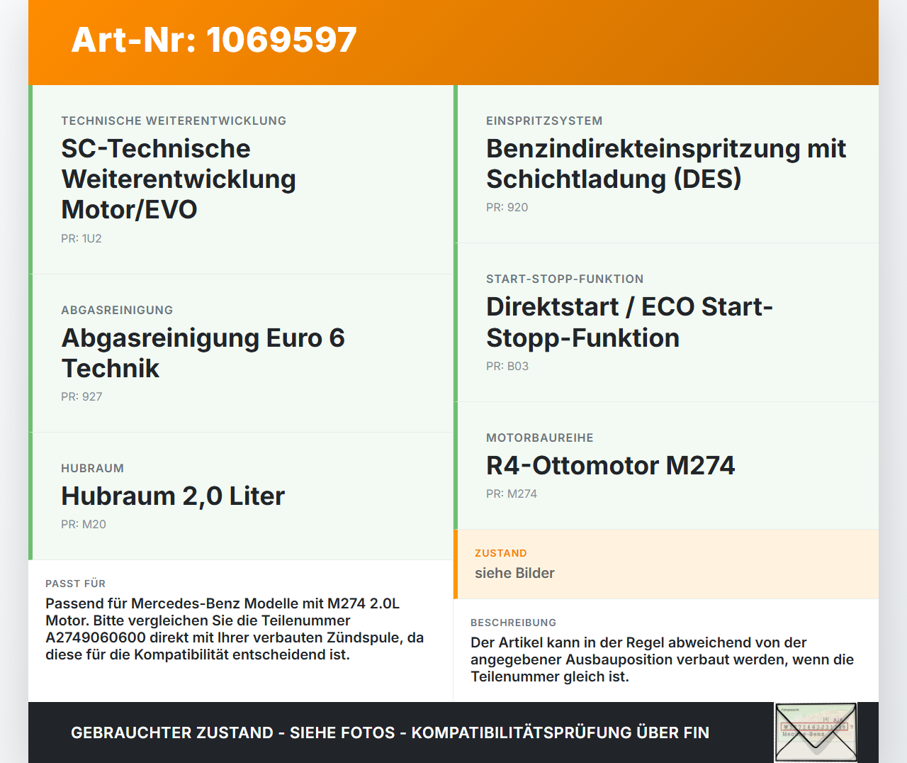 Mercedes E250 W212 13-16 2,0 155KW Zündspule Zyl.1 Mercedes E250 W212 13-16 17.09.2013 A2749060600 28165252 gebraucht Vorschau 3