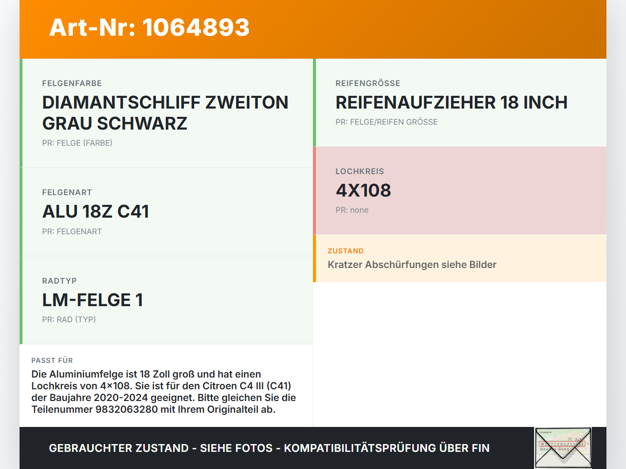 Citroen C4 III 20-24 1 x Felge Aluminiumfelge 18 Zoll 4X108 Citroen C4 III 20-24 26.09.2024 9832063280 gebraucht Vorschau 3