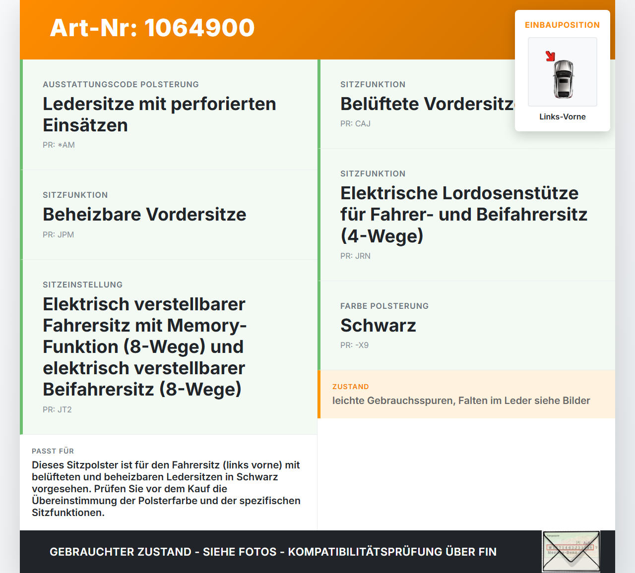 Jeep Grand Cherokee WK2 17-21 Sitzbezug Sitzpolster für Fahrersitz Sitz Links Vorne beheizt belüftet Jeep Grand... Vorschau 3