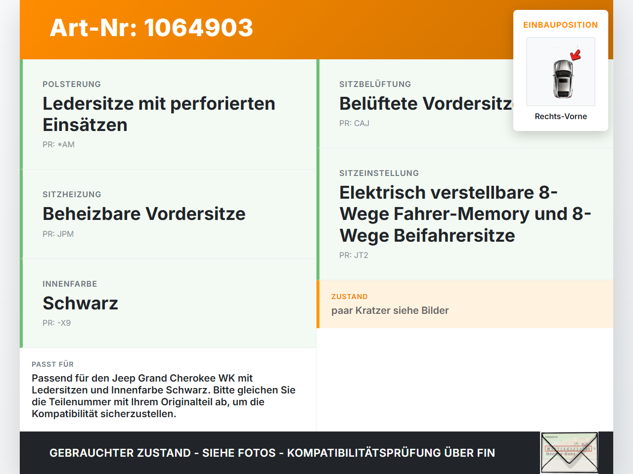 Jeep Grand Cherokee WK2 17-21 Blende Innen Rückenverkleidung für Fahrer Sitz Rechts Vorne Jeep Grand Cherokee WK2... Vorschau 3