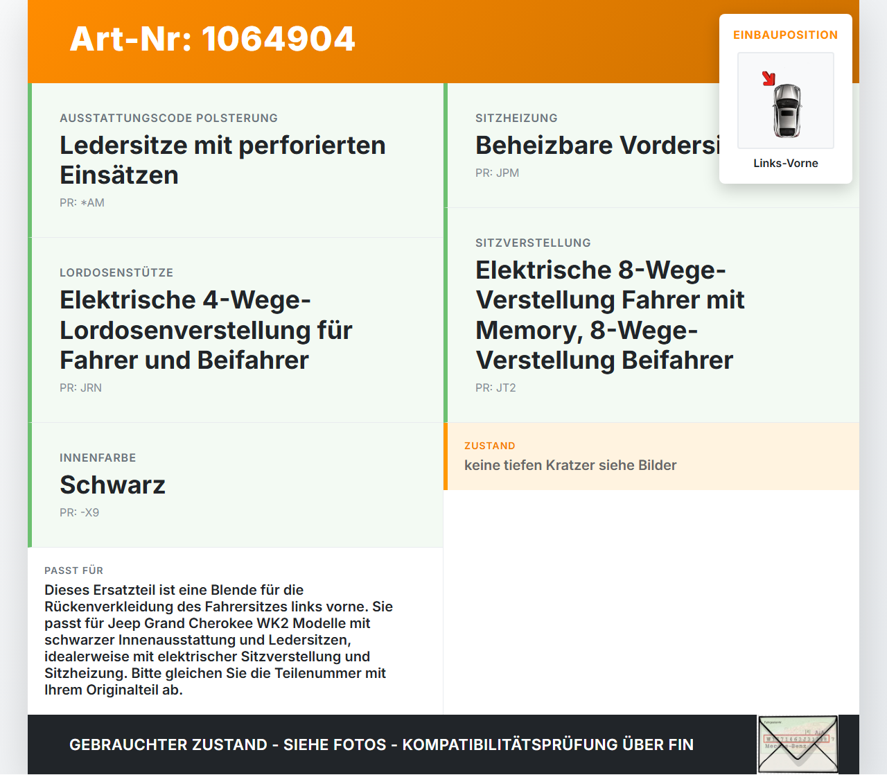 Jeep Grand Cherokee WK2 17-21 Blende Innen Rückenverkleidung für Fahrer Sitz Links Vorne Jeep Grand Cherokee WK2... Vorschau 3