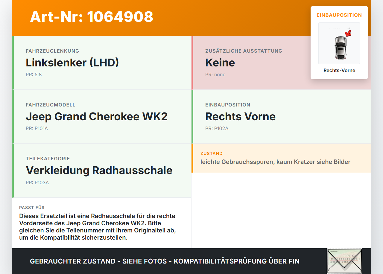 Jeep Grand Cherokee WK2 17-21 Verkleidung Radhausschale Rechts Vorne für Kotflügel Jeep Grand Cherokee WK2 17-21... Vorschau 3
