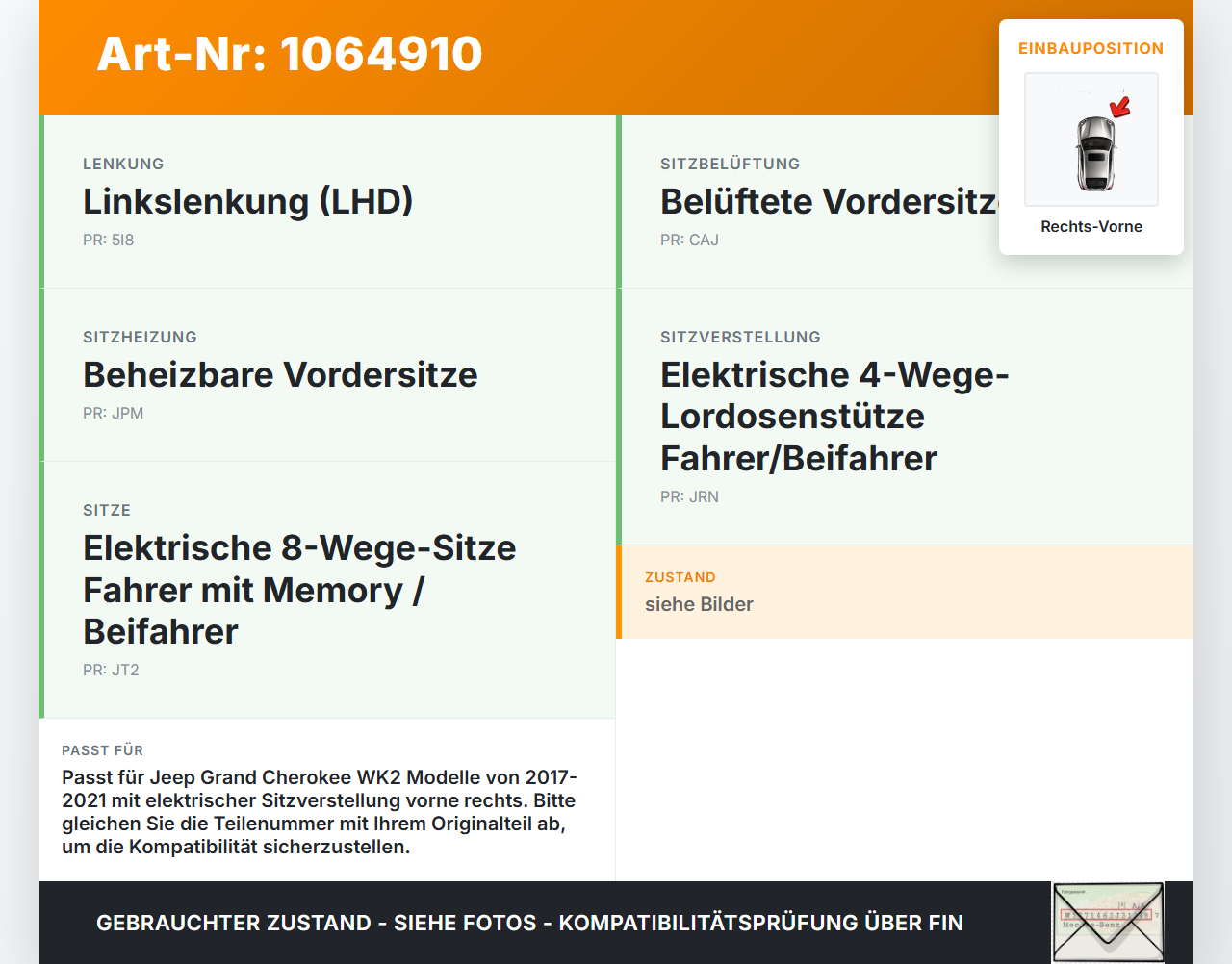 Jeep Grand Cherokee WK2 17-21 Stellmotor für Elektrische Sitzverstellung Rechts Vorne Jeep Grand Cherokee WK2 17-21... Vorschau 3