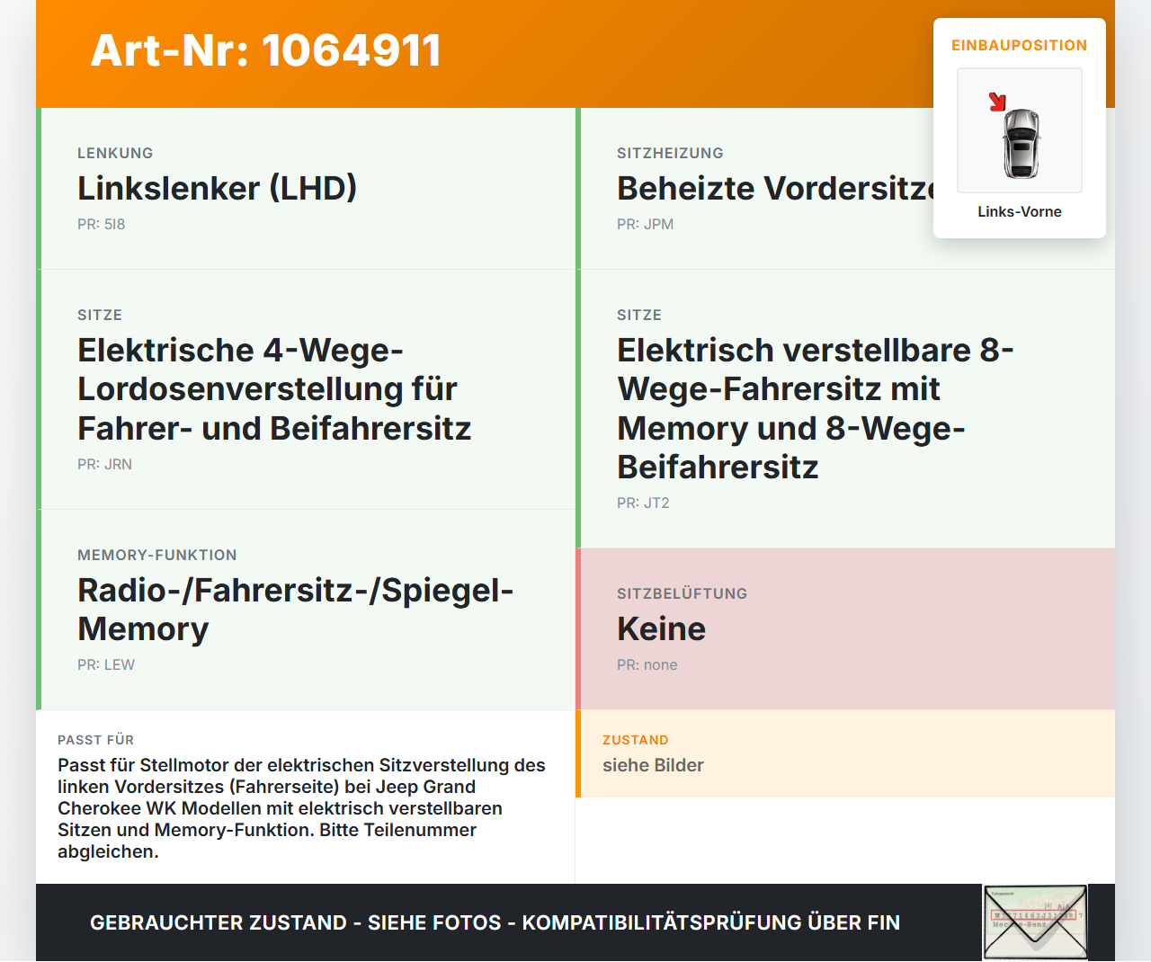 Jeep Grand Cherokee WK2 17-21 Stellmotor für Elektr. Sitzverstellung für Links Vorne Fahrer Sitz Jeep Grand... Vorschau 3
