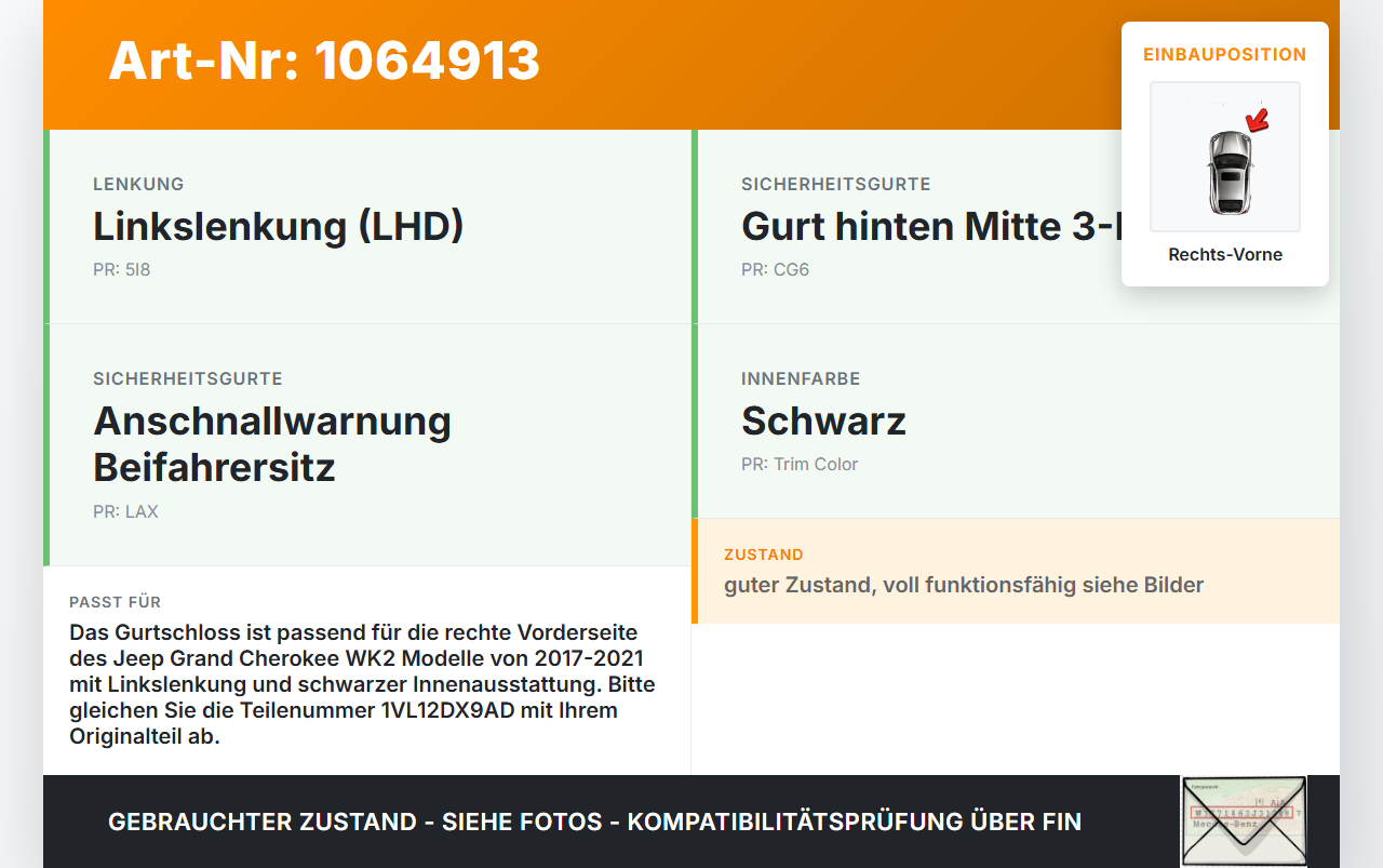 Jeep Grand Cherokee WK2 17-21 Gurtschloss Rechts Vorne Jeep Grand Cherokee WK2 17-21 16.09.2016 1VL12DX9AD gebraucht Vorschau 3