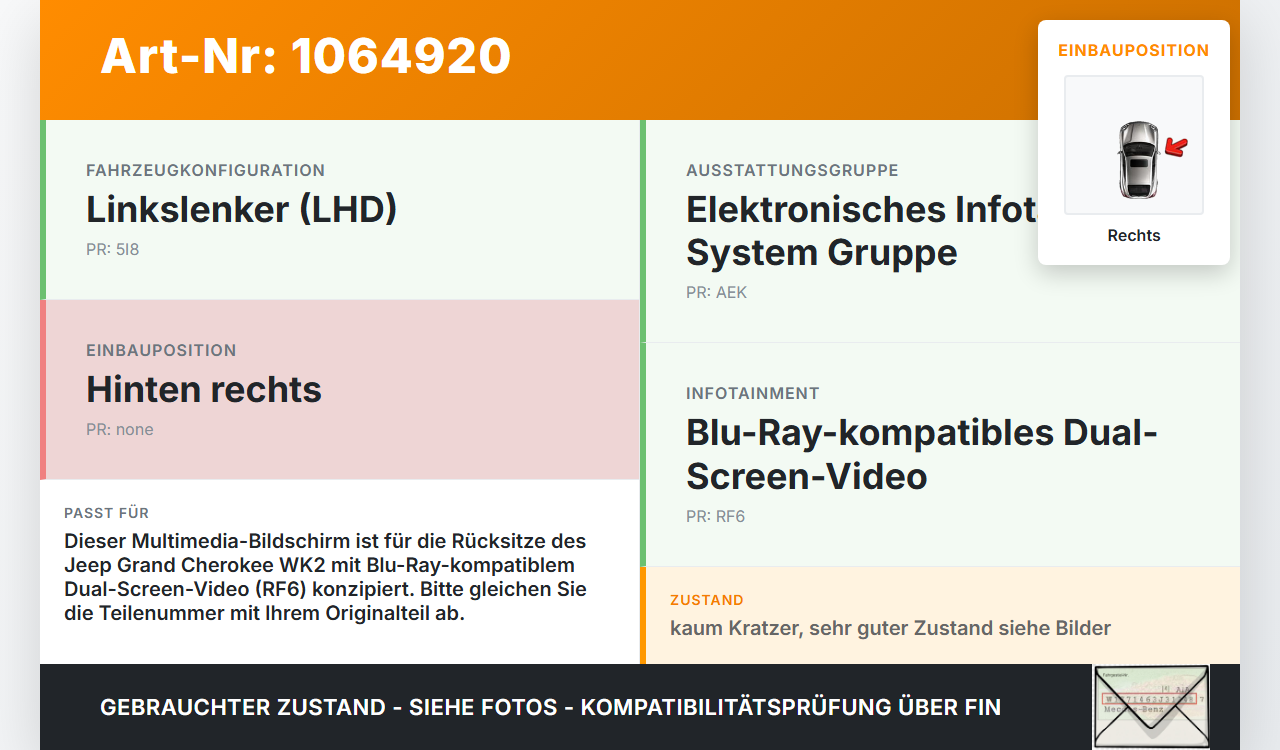 Jeep Grand Cherokee WK2 17-21 Bildschirm Display Monitor Multimedia Rechts für Rücksitze Jeep Grand Cherokee WK2... Vorschau 3