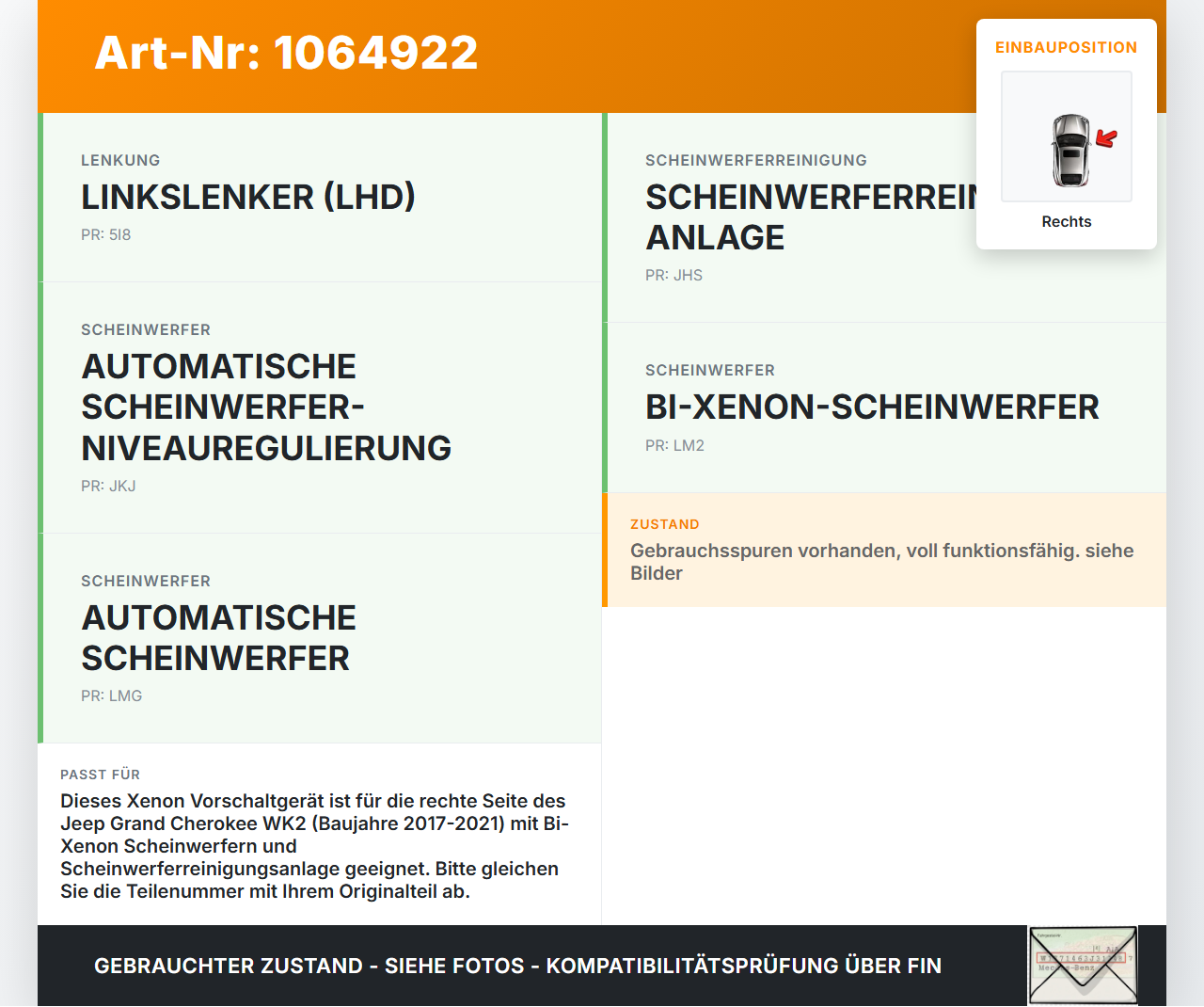 Jeep Grand Cherokee WK2 17-21 Xenon Vorschaltgerät Rechts Jeep Grand Cherokee WK2 17-21 16.09.2016 89089352... Vorschau 3