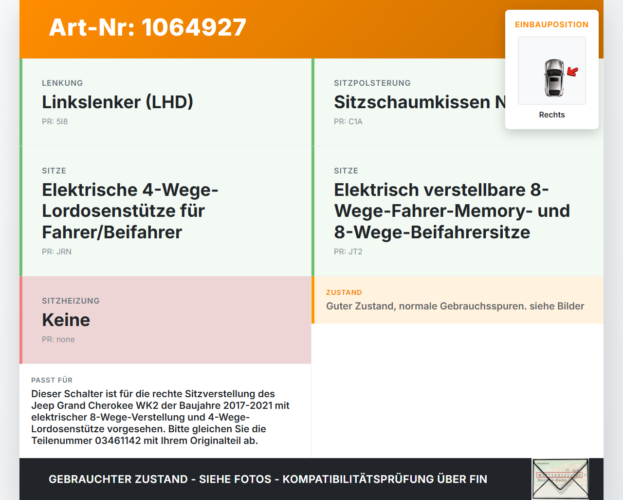 Jeep Grand Cherokee WK2 17-21 Schalter Rechts für Sitzverstellung Jeep Grand Cherokee WK2 17-21 16.09.2016... Vorschau 3