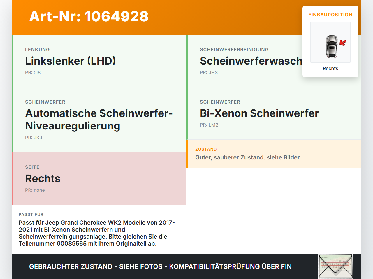 Jeep Grand Cherokee WK2 17-21 Xenon Vorschaltgerät Rechts Jeep Grand Cherokee WK2 17-21 16.09.2016 90089565... Vorschau 3