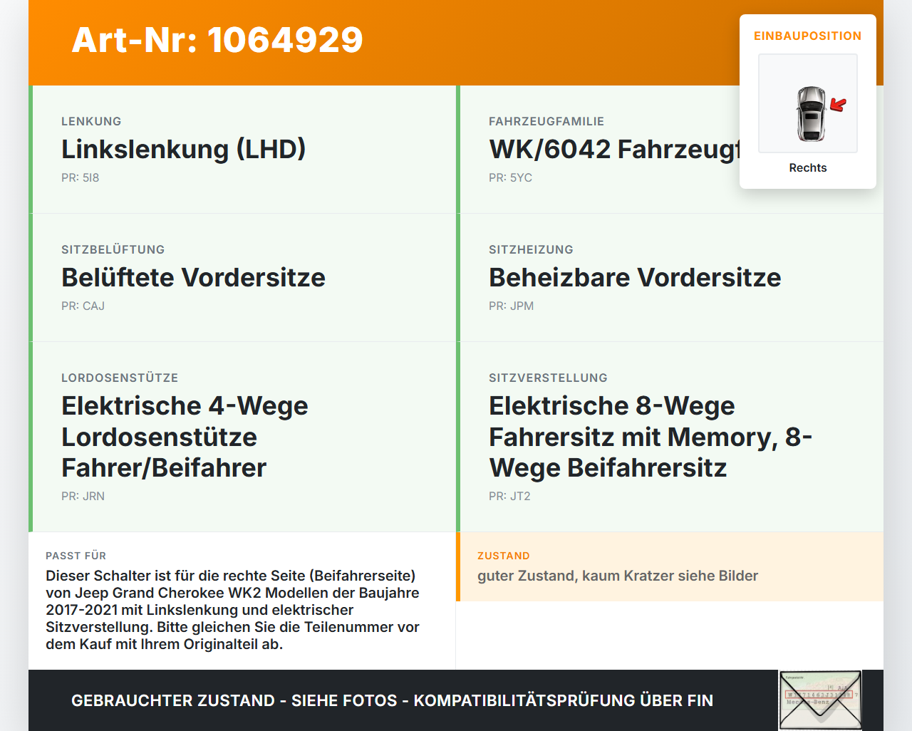 Jeep Grand Cherokee WK2 17-21 Schalter Rechts für Sitzverstellung Jeep Grand Cherokee WK2 17-21 16.09.2016... Vorschau 3