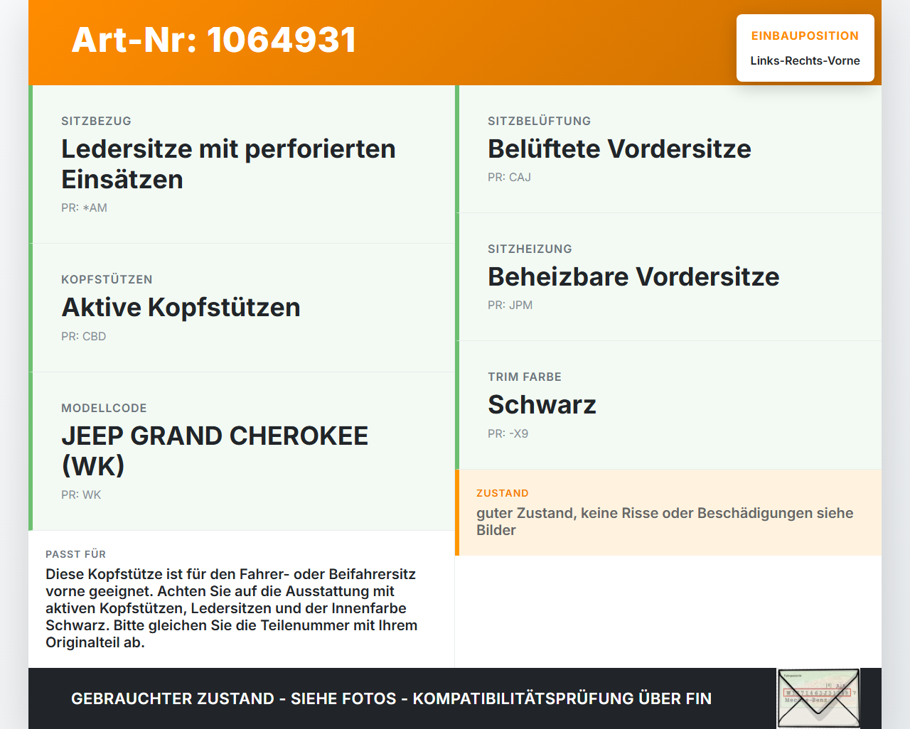 Jeep Grand Cherokee WK2 17-21 Kopfstütze für Fahrer Sitz Rechts oder Links Vorne Crash Aktiv Jeep Grand Cherokee... Vorschau 3