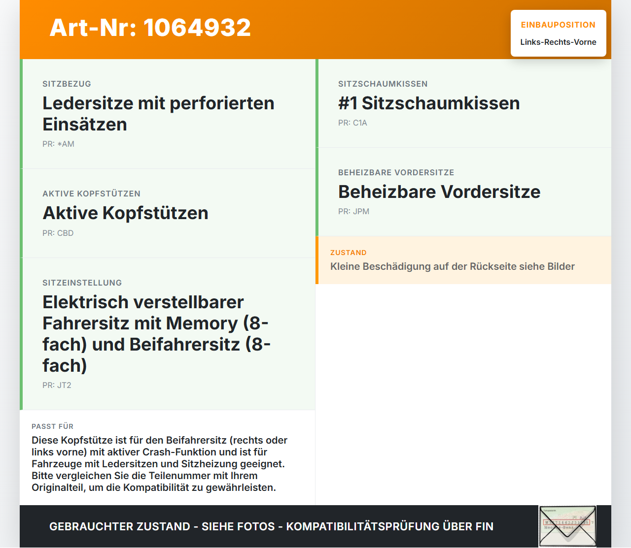 Jeep Grand Cherokee WK2 17-21 Kopfstütze für Beifahrer Sitz Rechts oder Links Vorne Crash Aktiv Jeep Grand Cherokee... Vorschau 3