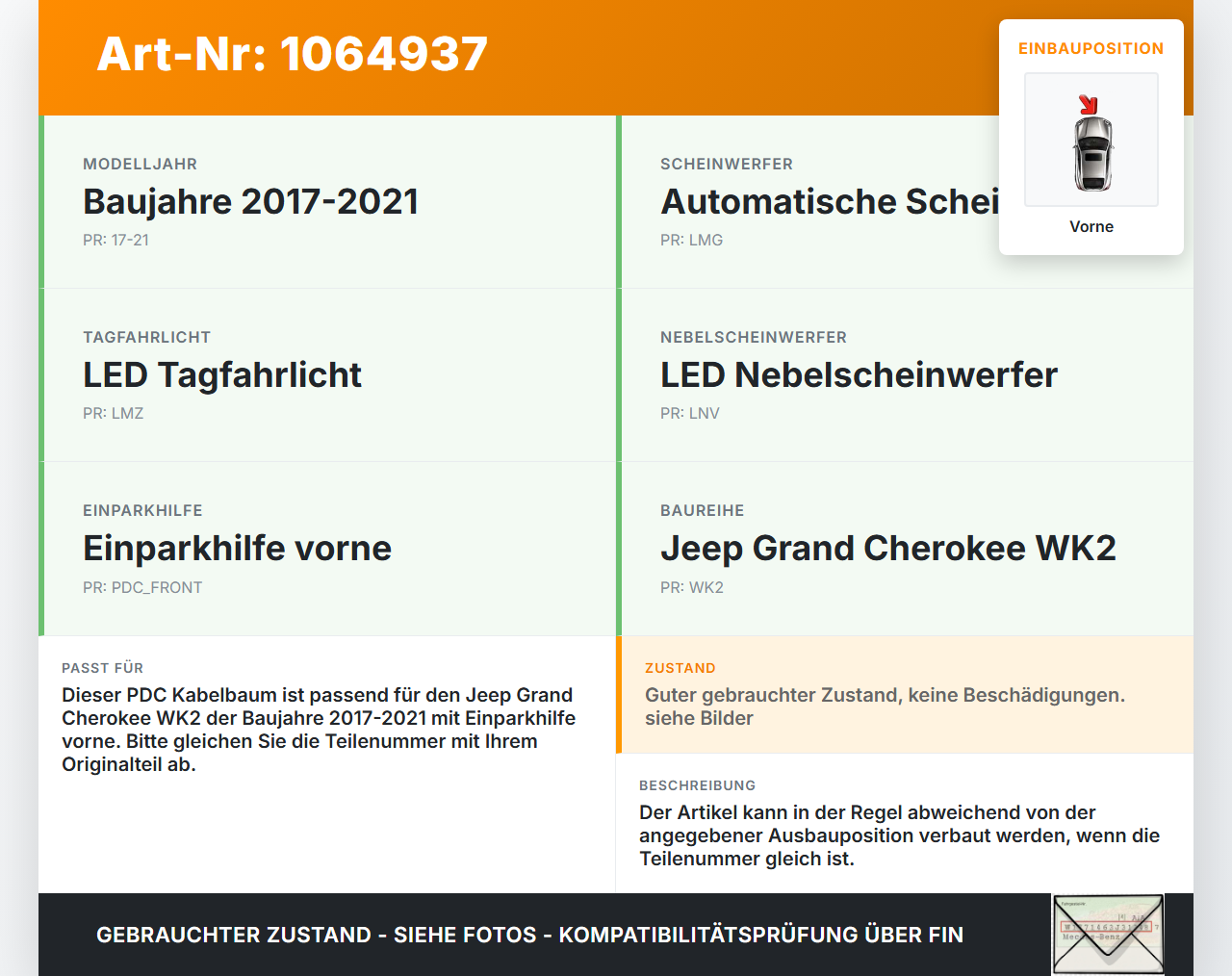 Jeep Grand Cherokee WK2 17-21 PDC Kabelbaum Pos.1 Vorne Jeep Grand Cherokee WK2 17-21 16.09.2016 365946 gebraucht Vorschau 3