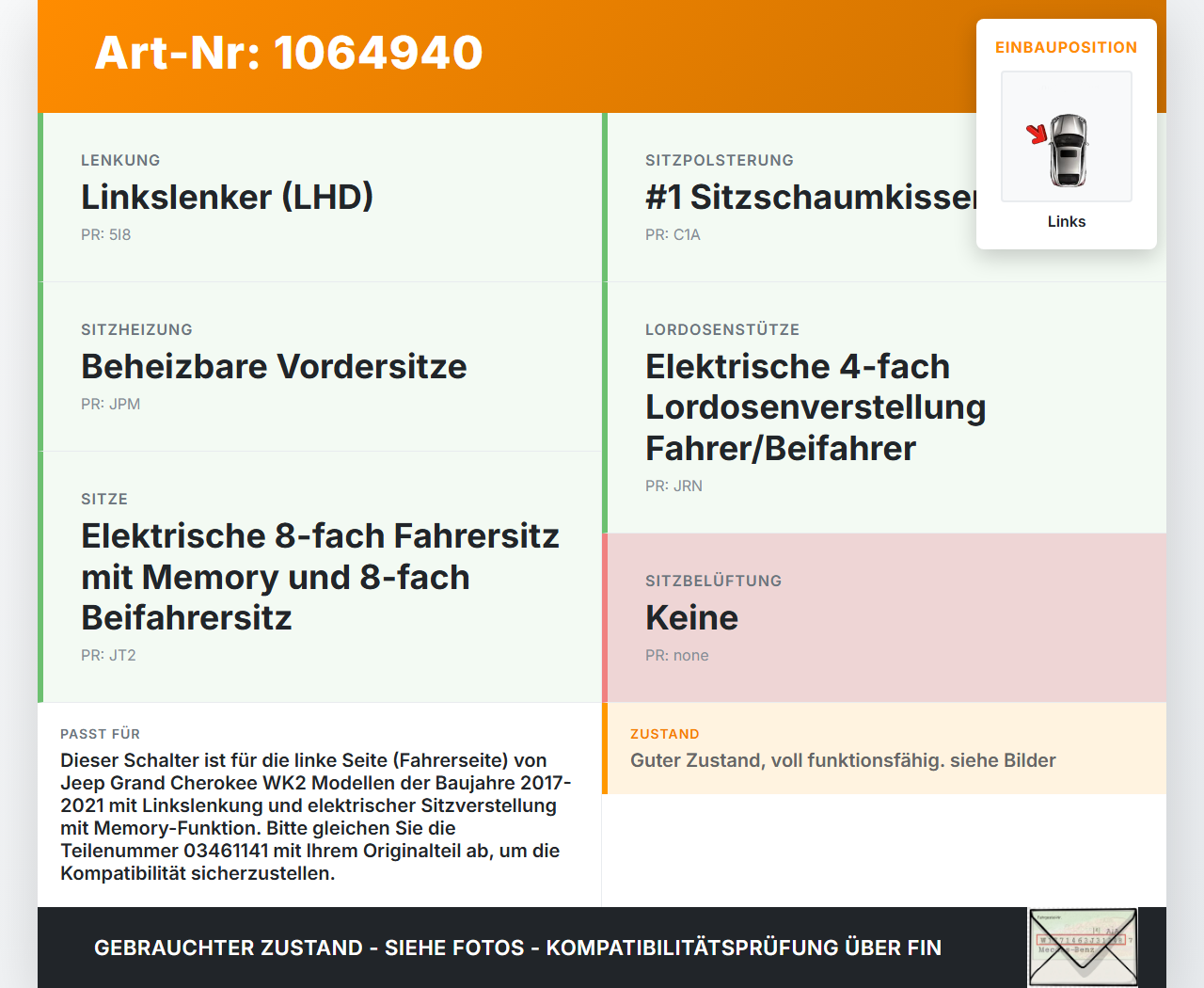 Jeep Grand Cherokee WK2 17-21 Sitzverstellung Schalter Links Jeep Grand Cherokee WK2 17-21 16.09.2016 03461141... Vorschau 3