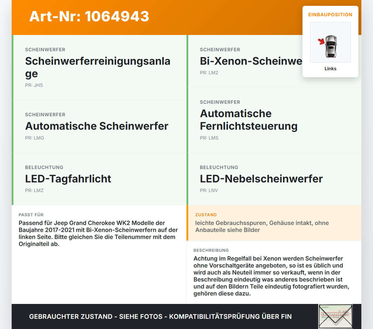 Jeep Grand Cherokee WK2 17-21 Xenon Scheinwerfer Frontscheinwerfer Links Jeep Grand Cherokee WK2 17-21 16.09.2016... Vorschau 3