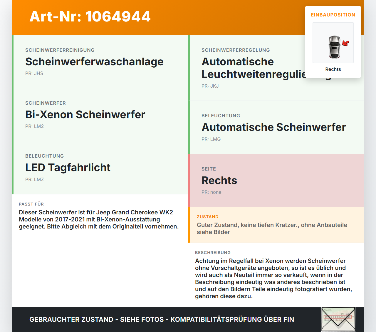 Jeep Grand Cherokee WK2 17-21 Xenon Scheinwerfer Frontscheinwerfer Rechts orig. Jeep Grand Cherokee WK2 17-21... Vorschau 3