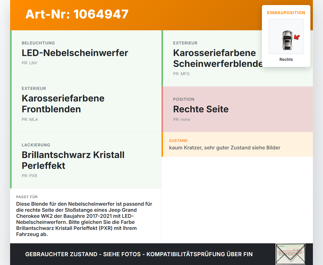 Jeep Grand Cherokee WK2 17-21 Blende für Nebelscheinwerfer Stoßstange Rechts Jeep Grand Cherokee WK2 17-21... Vorschau 3