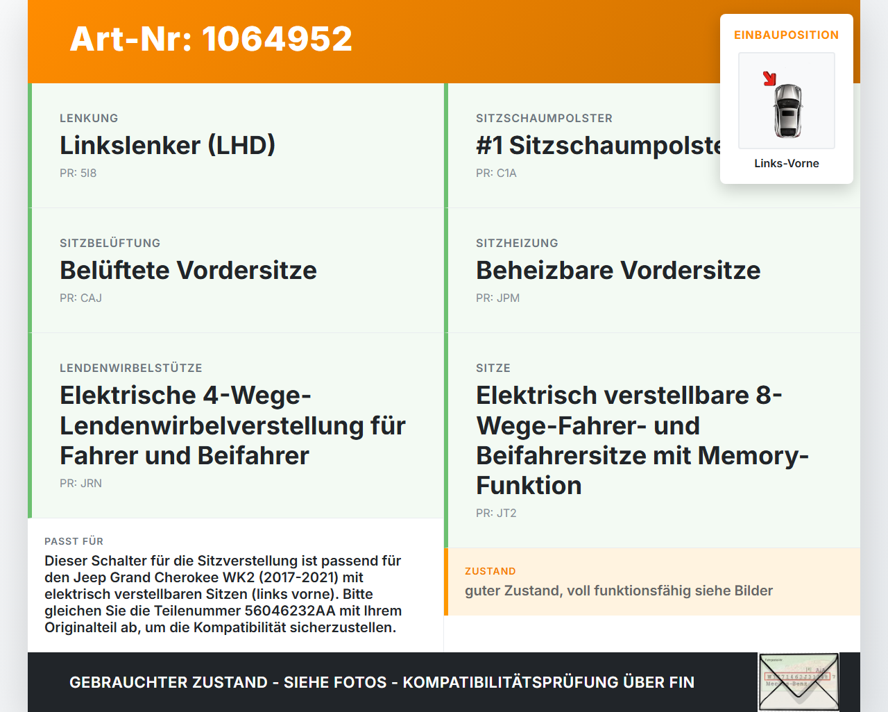 Jeep Grand Cherokee WK2 17-21 Sitzverstellung Schalter Links Vorne Jeep Grand Cherokee WK2 17-21 16.09.2016... Vorschau 3
