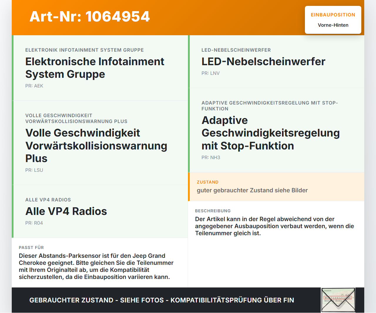 Jeep Grand Cherokee WK2 17-21 Abstands Sensor Parksensor PDC Hinten Innen Pos.2 Vorne Innen PXR Jeep Grand Cherokee... Vorschau 3
