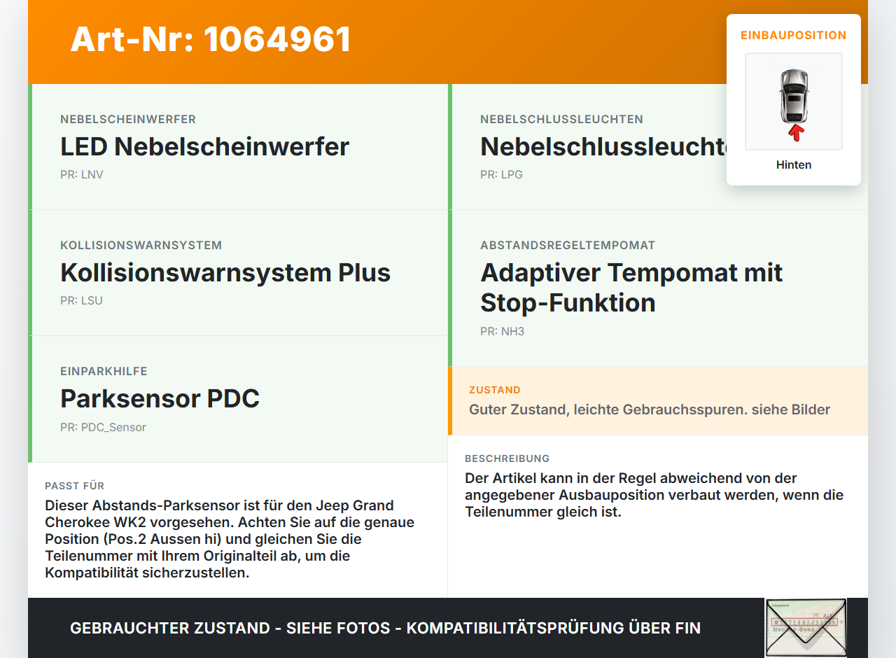 Jeep Grand Cherokee WK2 17-21 Abstands Sensor Parksensor PDC Pos.2 Aussen Hinten PXR Jeep Grand Cherokee WK2 17-21... Vorschau 3