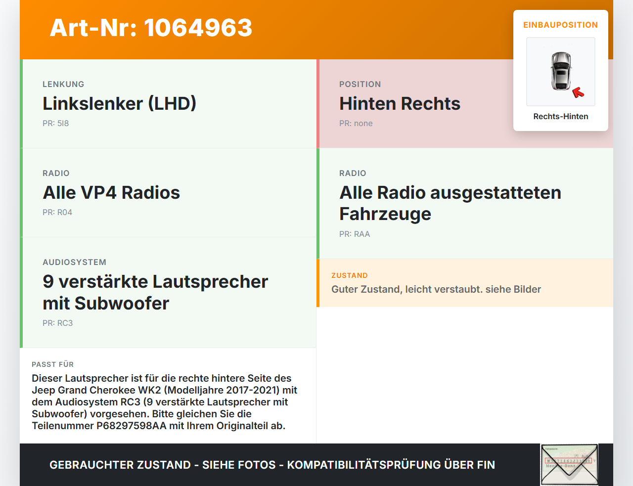 Jeep Grand Cherokee WK2 17-21 Lautsprecher Rechts Hinten Jeep Grand Cherokee WK2 17-21 16.09.2016 P68297598AA... Vorschau 3