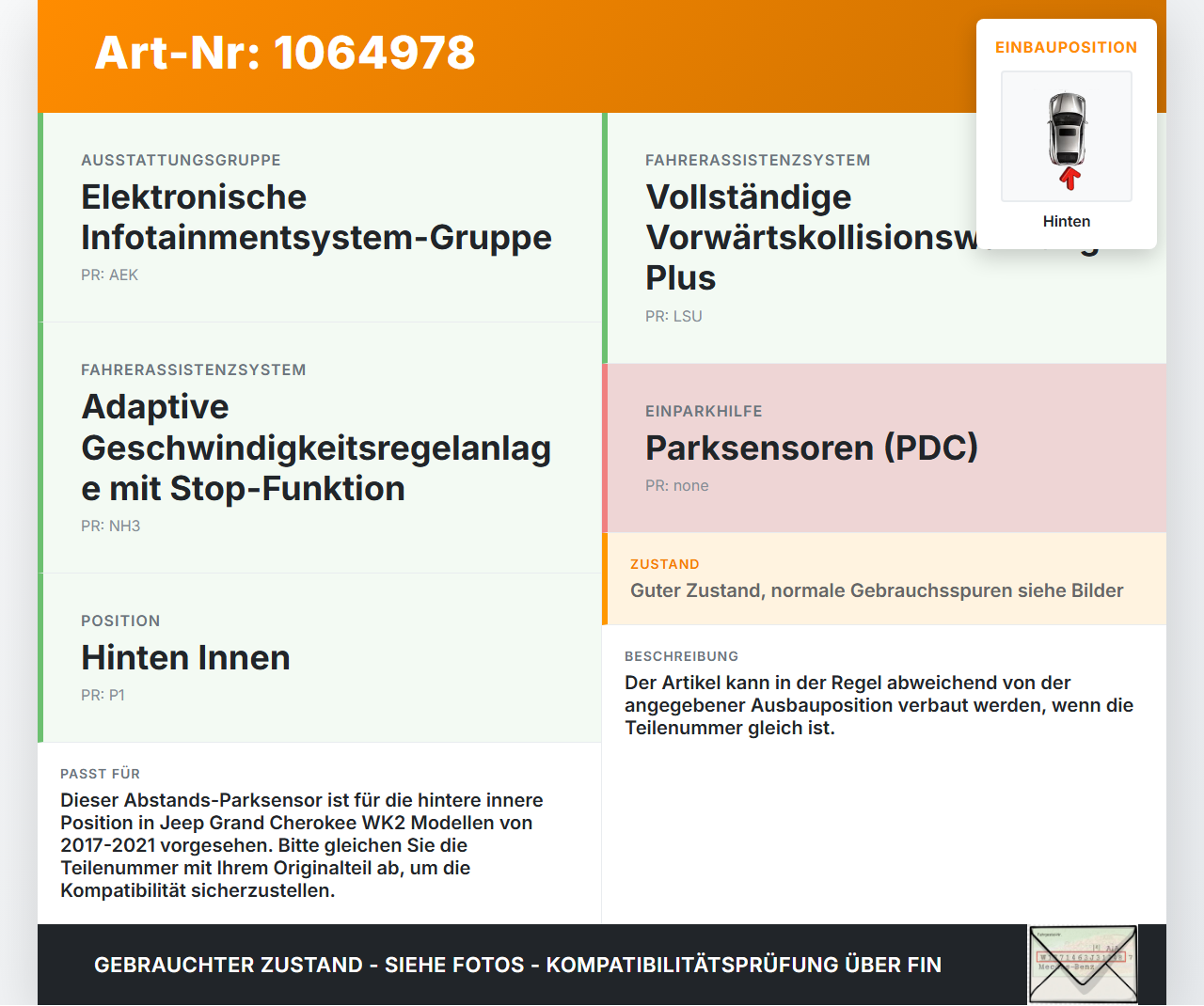 Jeep Grand Cherokee WK2 17-21 Abstands Sensor Parksensor PDC Hinten Innen Pos.1  PXR Jeep Grand Cherokee WK2 17-21... Vorschau 3