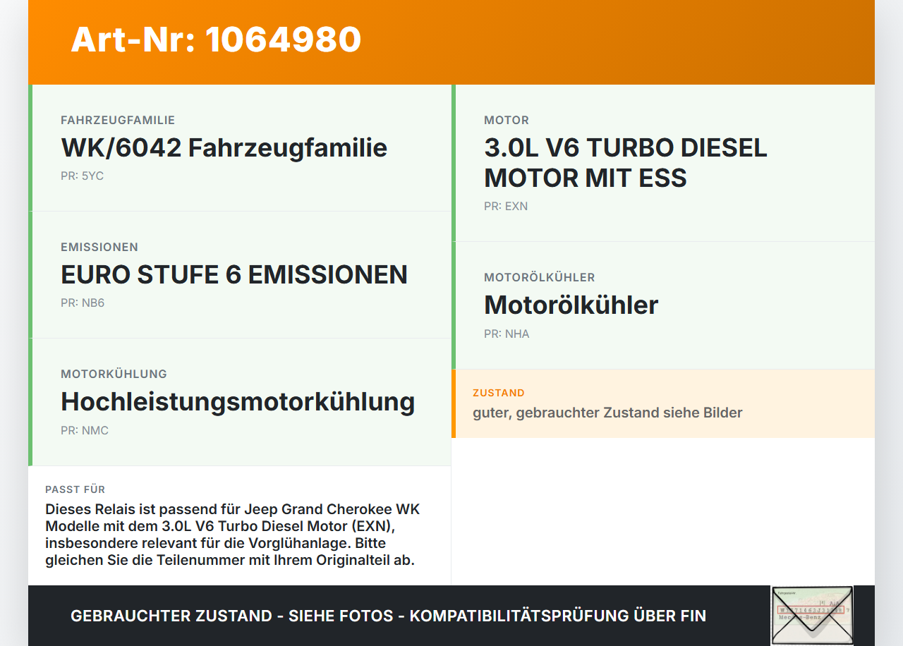 Jeep Grand Cherokee WK2 17-21 3,0d 184KW Relais Vorglührelais Glühanlage Glühzeit Steuergerät Jeep Grand Cherokee... Vorschau 3